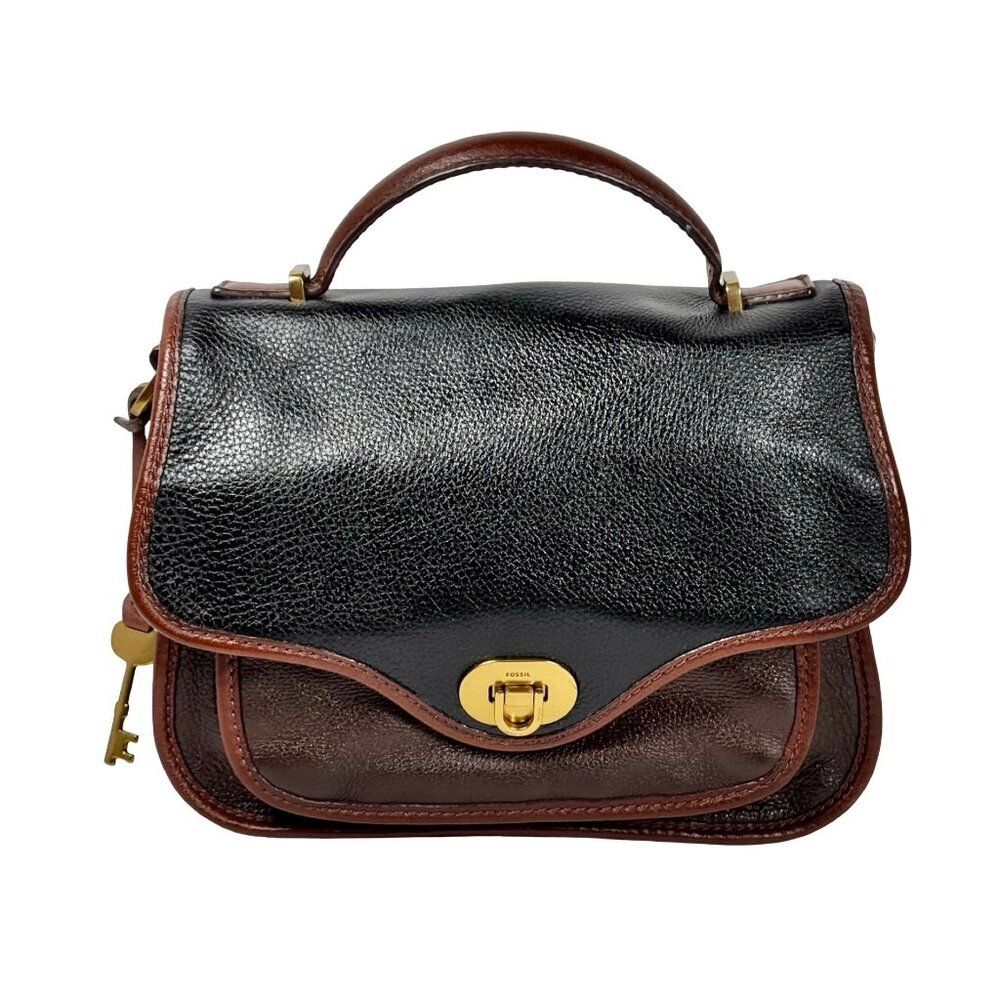Fossil Heritage Crossbody Bag Top Handle Black Brown Leather Preppy - Picture 4 of 16